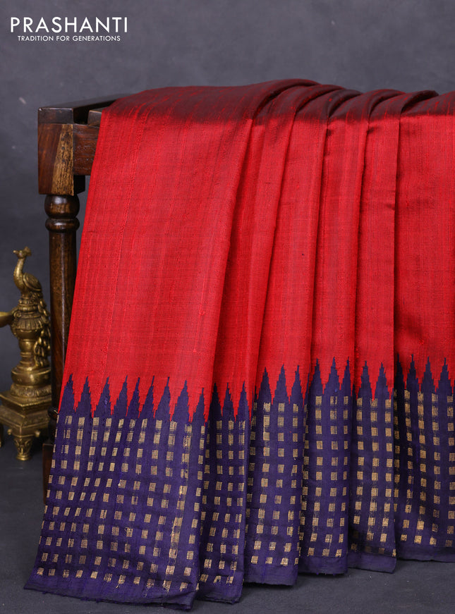 Pure dupion silk saree maroon and navy blue with plain body and temple design zari butta border