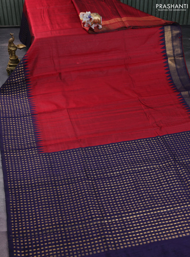 Pure dupion silk saree maroon and navy blue with plain body and temple design zari butta border