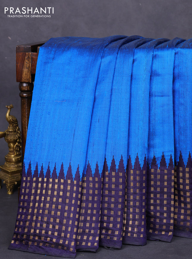 Pure dupion silk saree cs blue and navy blue with plain body and temple design zari butta border