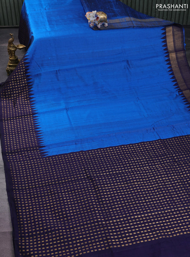 Pure dupion silk saree cs blue and navy blue with plain body and temple design zari butta border