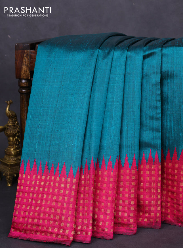 Pure dupion silk saree teal green and magenta pink with plain body and temple design zari butta border