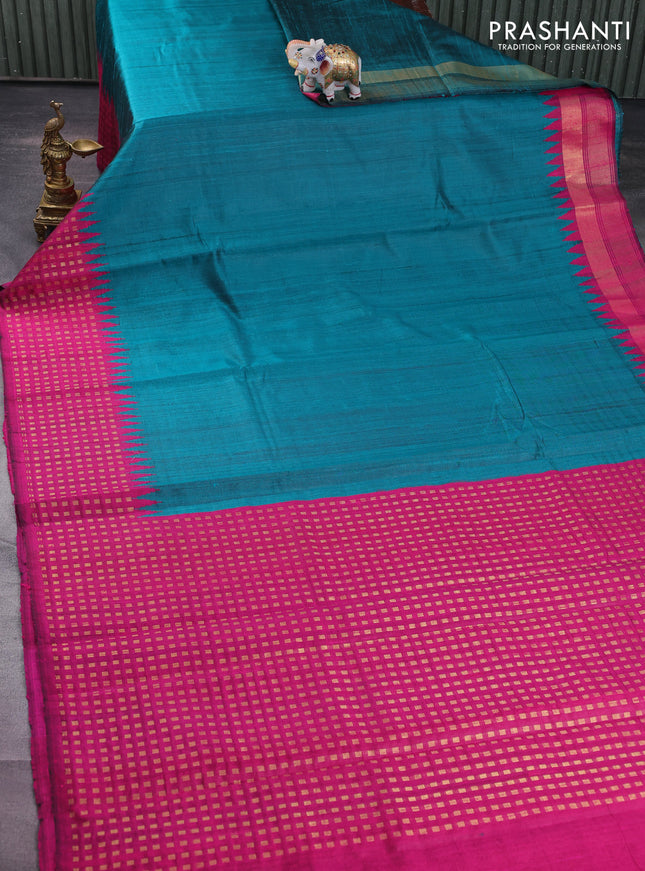 Pure dupion silk saree teal green and magenta pink with plain body and temple design zari butta border