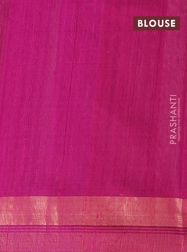 Pure dupion silk saree teal green and magenta pink with plain body and temple design zari butta border