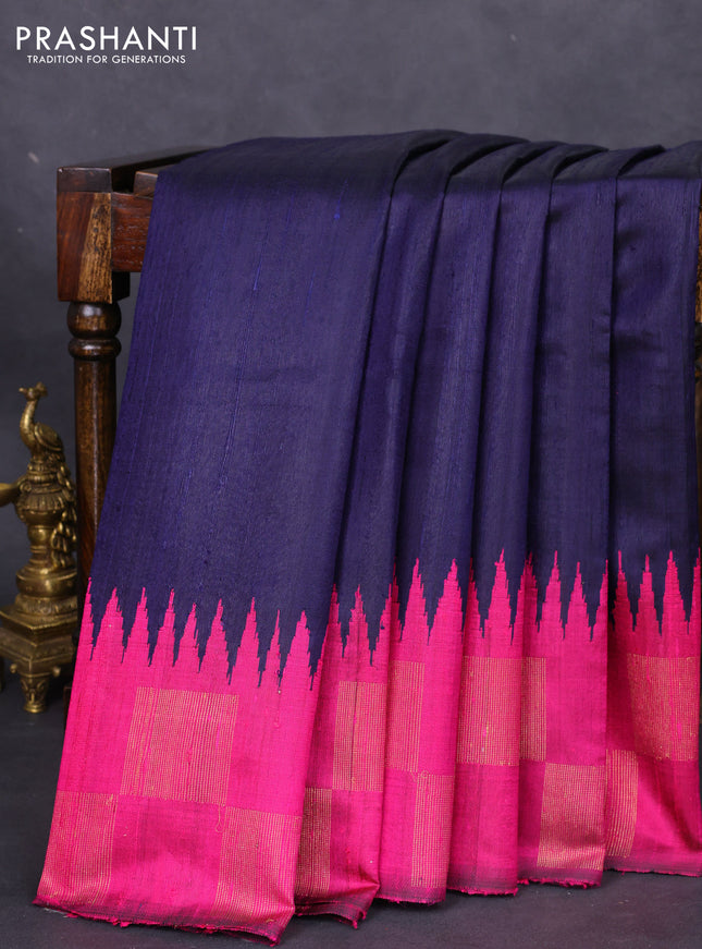Pure dupion silk saree navy blue and magenta pink with plain body and temple design zari butta border