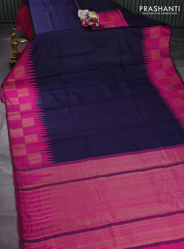 Pure dupion silk saree navy blue and magenta pink with plain body and temple design zari butta border
