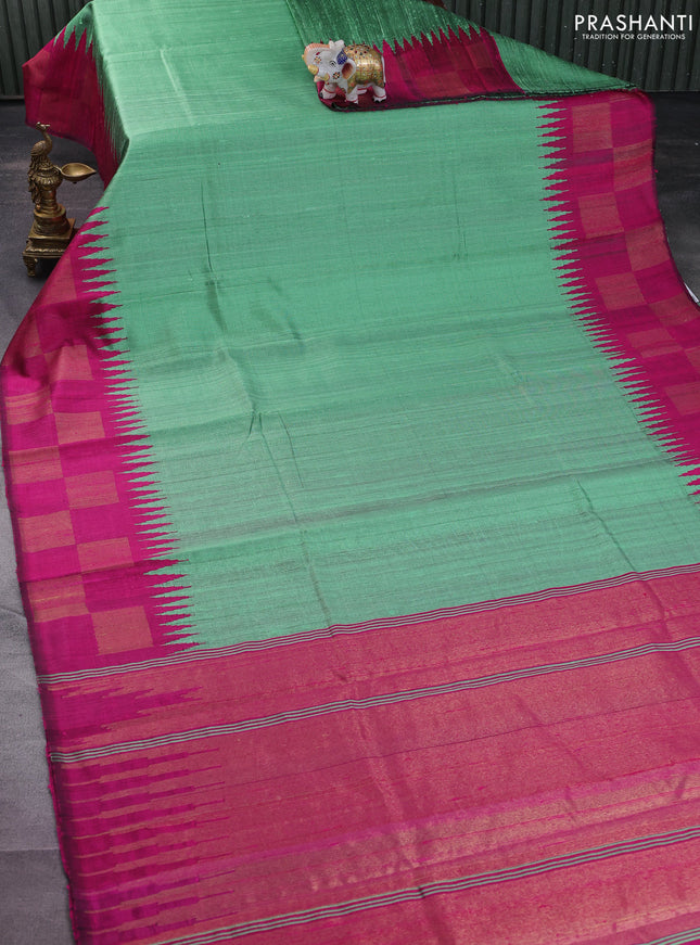 Pure dupion silk saree pastel green and magenta pink with plain body and temple design zari butta border