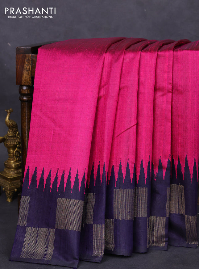 Pure dupion silk saree pink and navy blue with plain body and temple design zari butta border
