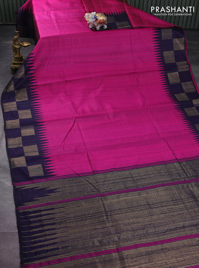 Pure dupion silk saree pink and navy blue with plain body and temple design zari butta border