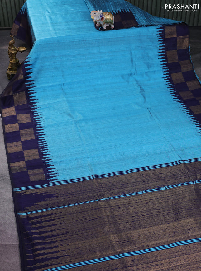 Pure dupion silk saree cs blue and navy blue with plain body and temple design zari butta border