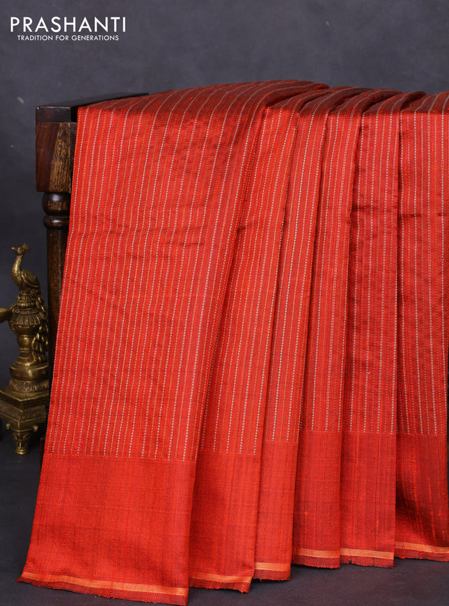 Pure dupion silk saree orange with allover thread & zari weaves and simple zari border