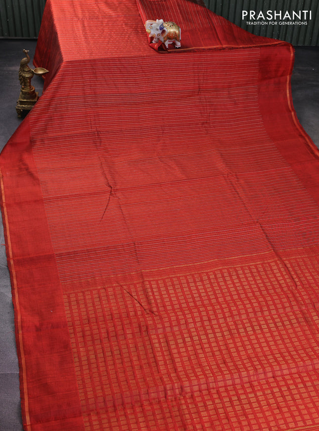 Pure dupion silk saree orange with allover thread & zari weaves and simple zari border