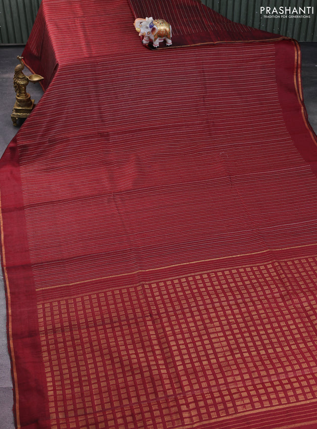 Pure dupion silk saree maroon with allover thread & zari weaves and simple zari border