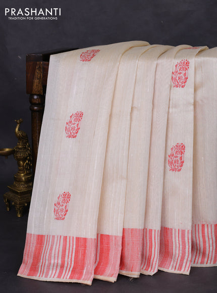 Pure dupion silk saree cream with thread woven buttas and thread woven border