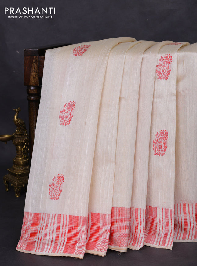 Pure dupion silk saree cream with thread woven buttas and thread woven border