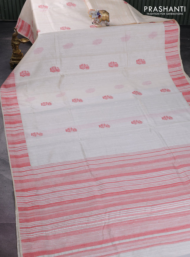 Pure dupion silk saree cream with thread woven buttas and thread woven border