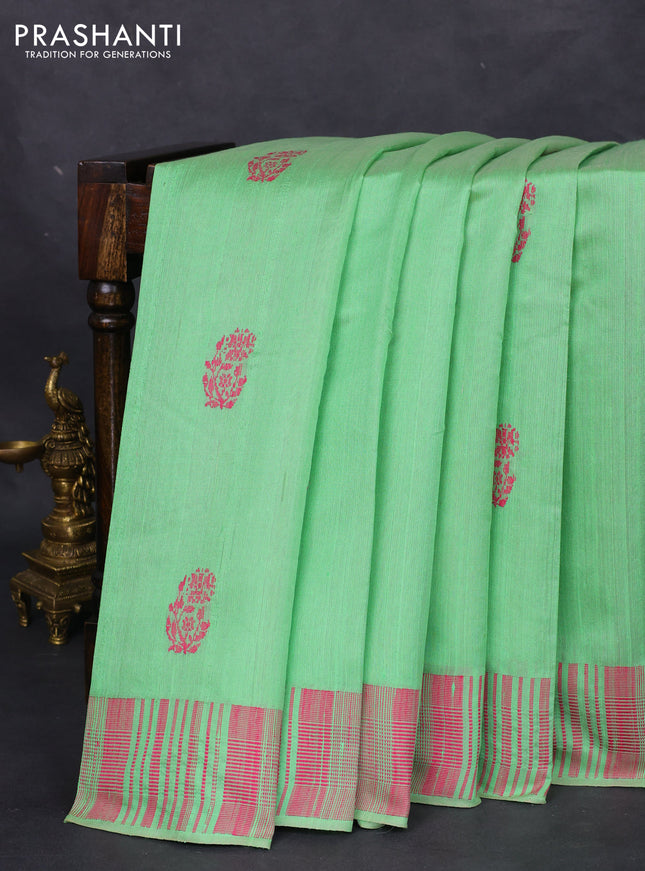 Pure dupion silk saree light green with thread woven buttas and thread woven border