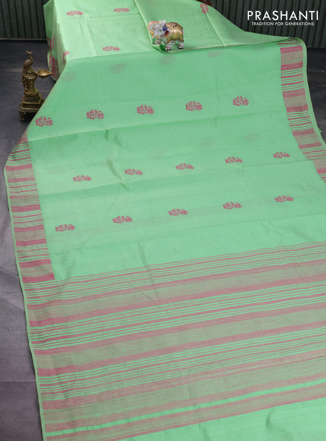 Pure dupion silk saree light green with thread woven buttas and thread woven border