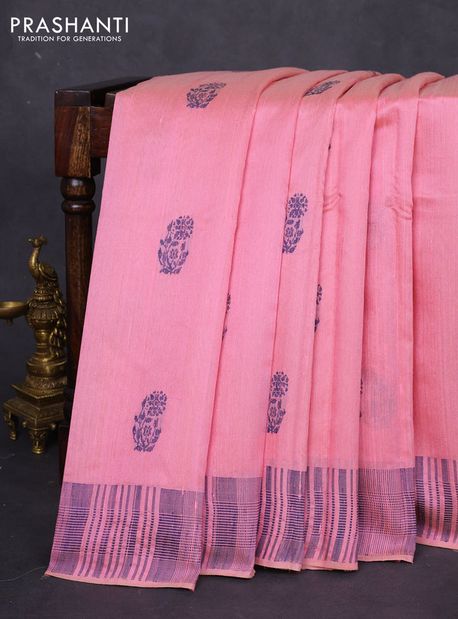 Pure dupion silk saree peach pink with thread woven buttas and thread woven border