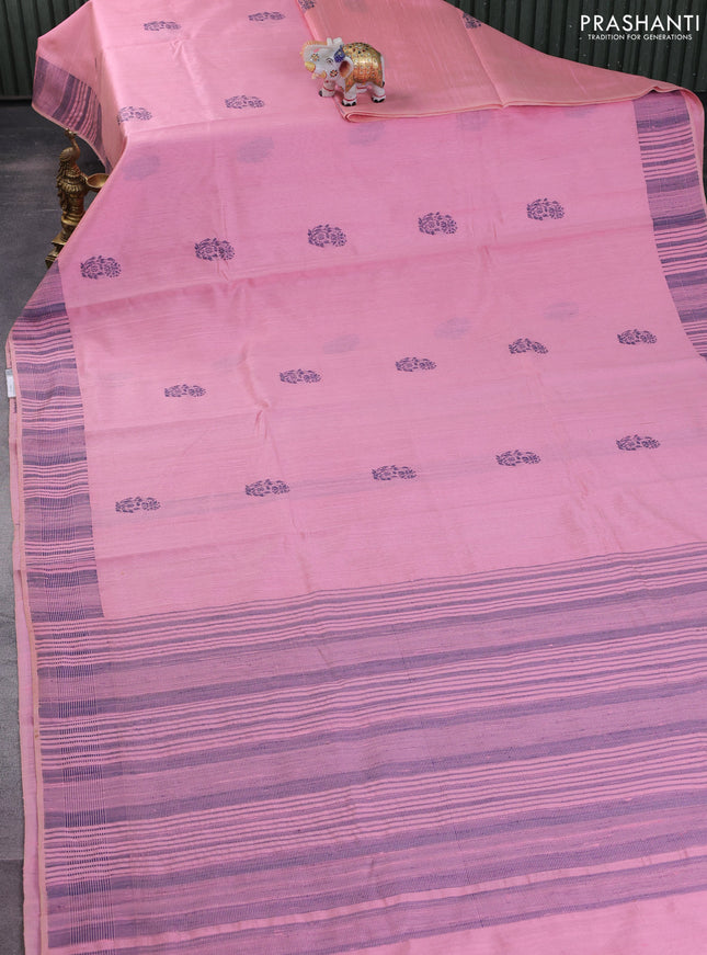 Pure dupion silk saree peach pink with thread woven buttas and thread woven border