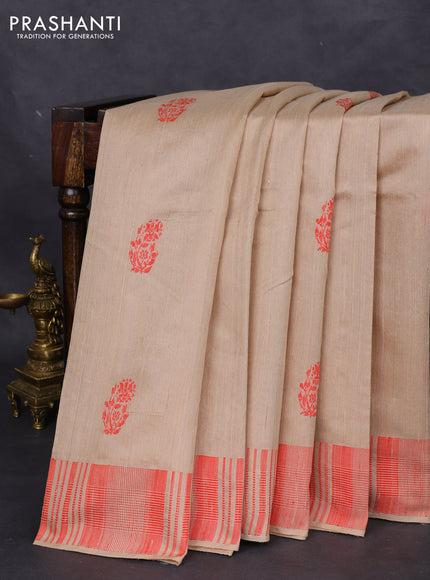 Pure dupion silk saree beige with thread woven buttas and thread woven border