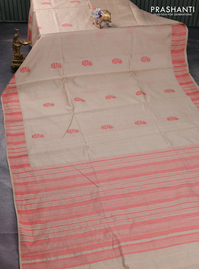 Pure dupion silk saree beige with thread woven buttas and thread woven border