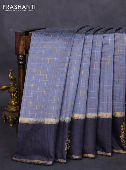 Pure dupion silk saree grey and elephant grey with allover zari checked pattern and zari woven butta border