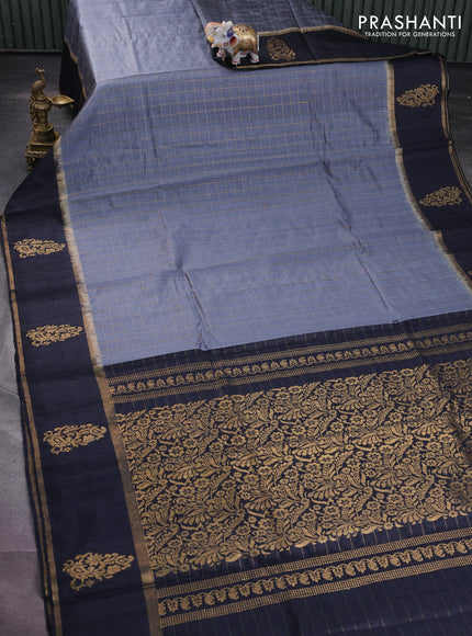 Pure dupion silk saree grey and elephant grey with allover zari checked pattern and zari woven butta border