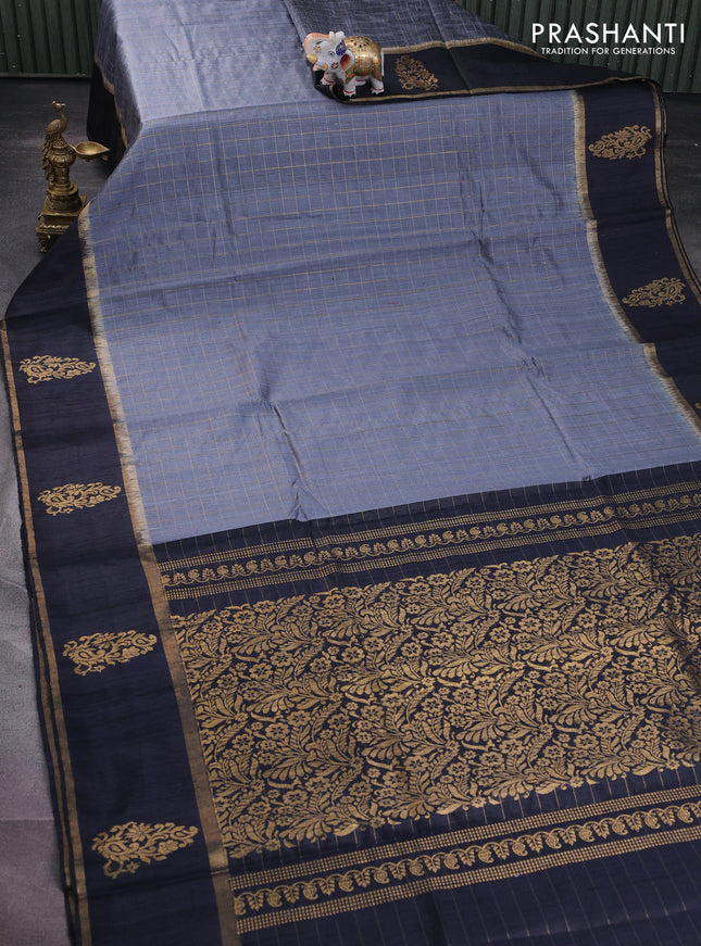 Pure dupion silk saree grey and elephant grey with allover zari checked pattern and zari woven butta border