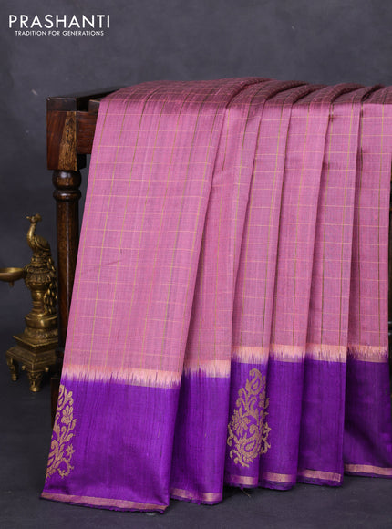 Pure dupion silk saree mauve pink and violet with allover zari checked pattern and zari woven butta border