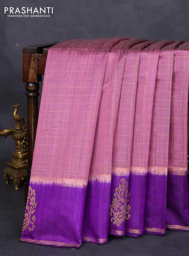 Pure dupion silk saree mauve pink and violet with allover zari checked pattern and zari woven butta border