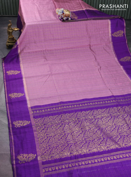 Pure dupion silk saree mauve pink and violet with allover zari checked pattern and zari woven butta border