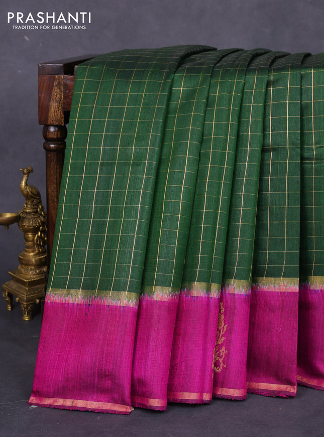 Pure dupion silk saree green and magenta pink with allover zari checked pattern and zari woven butta border