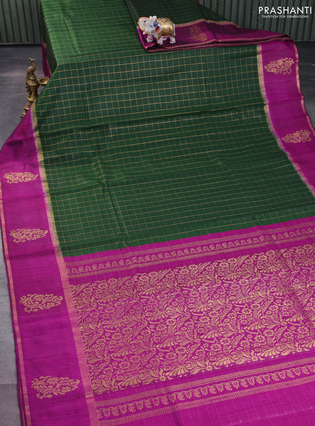 Pure dupion silk saree green and magenta pink with allover zari checked pattern and zari woven butta border