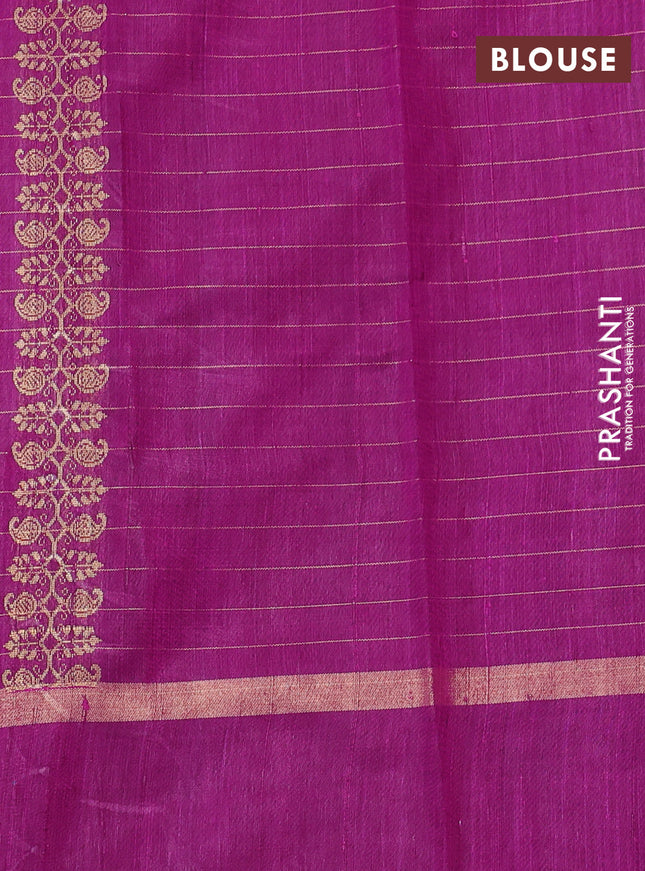 Pure dupion silk saree green and magenta pink with allover zari checked pattern and zari woven butta border