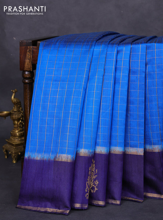Pure dupion silk saree cs blue and navy blue with allover zari checked pattern and zari woven butta border