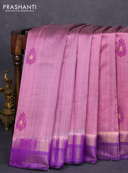 Pure dupion silk saree mauve pink and violet with thread woven buttas and zari woven border