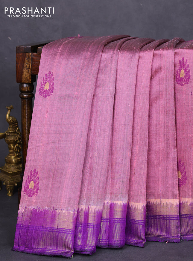 Pure dupion silk saree mauve pink and violet with thread woven buttas and zari woven border