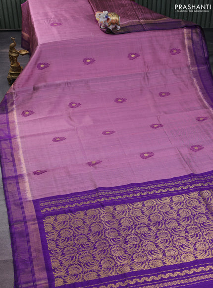 Pure dupion silk saree mauve pink and violet with thread woven buttas and zari woven border