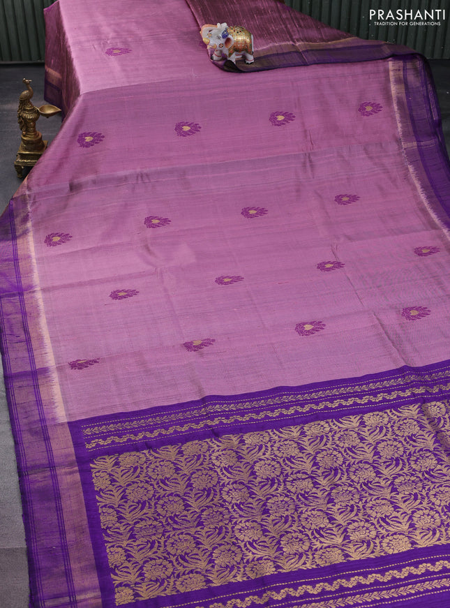 Pure dupion silk saree mauve pink and violet with thread woven buttas and zari woven border