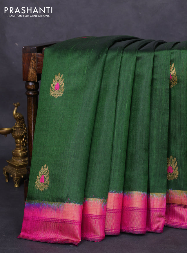 Pure dupion silk saree green and purple with zari woven buttas and zari woven border