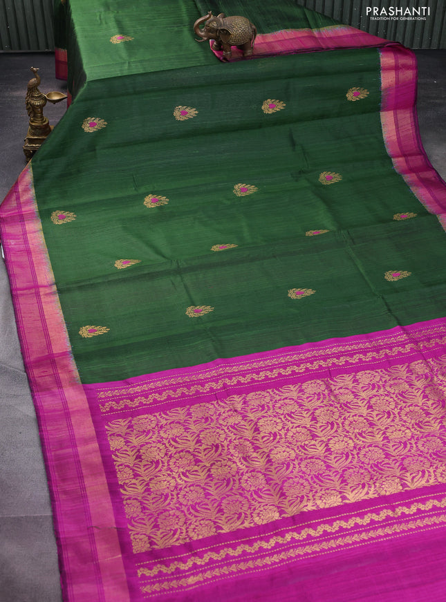 Pure dupion silk saree green and purple with zari woven buttas and zari woven border