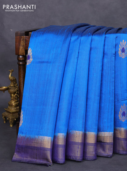 Pure dupion silk saree cs blue and navy blue with zari woven buttas and zari woven border