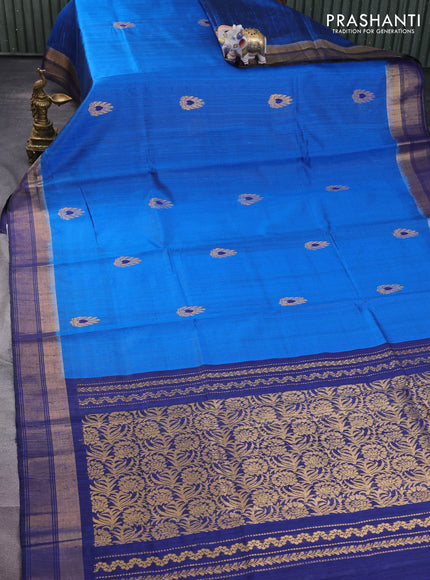 Pure dupion silk saree cs blue and navy blue with zari woven buttas and zari woven border