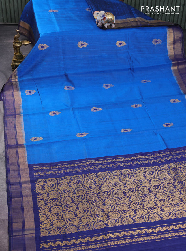 Pure dupion silk saree cs blue and navy blue with zari woven buttas and zari woven border