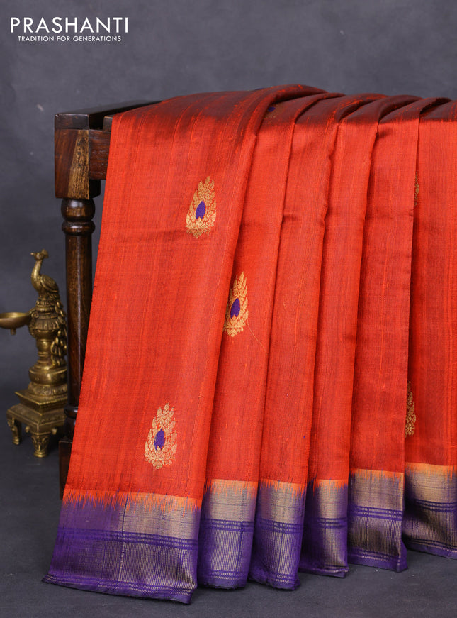 Pure dupion silk saree orange and blue with zari woven buttas and zari woven border