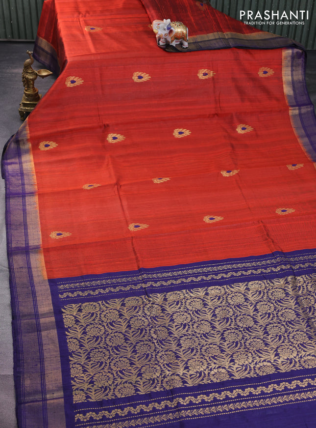 Pure dupion silk saree orange and blue with zari woven buttas and zari woven border