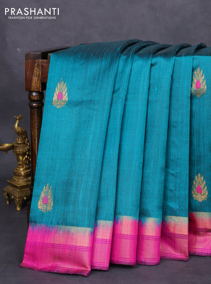 Pure dupion silk saree peacock green and purple with zari woven buttas and zari woven border