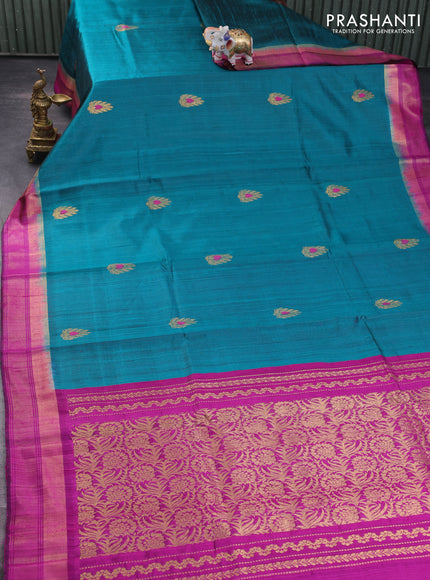 Pure dupion silk saree peacock green and purple with zari woven buttas and zari woven border