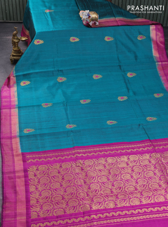 Pure dupion silk saree peacock green and purple with zari woven buttas and zari woven border