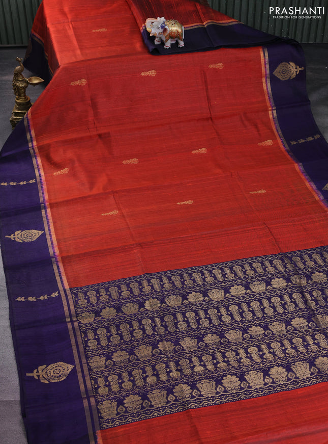 Pure dupion silk saree orange and navy blue with zari woven buttas and zari woven butta border